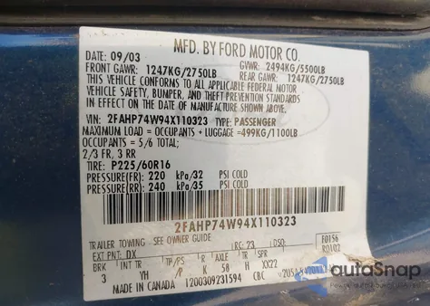 2004 Ford Crown Victoria Lx z USA, uszkodzony, nr VIN 2FAHP74W94X110323